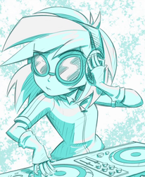 Size: 800x969 | Tagged: safe, artist:lunchie, dj pon-3, vinyl scratch, equestria girls, g4, my little pony equestria girls: rainbow rocks, abstract background, clothes, eyebrows, eyebrows visible through hair, female, fingerless gloves, gloves, headphones, monochrome, shine like rainbows, solo, turntable, zipper