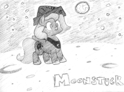 Size: 687x510 | Tagged: safe, artist:dragonachu, princess luna, moonstuck, g4, cartographer's cap, cute, earth, female, filly, grayscale, hat, monochrome, planet, smiling, solo, traditional art, woona