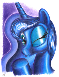 Size: 2516x3256 | Tagged: safe, artist:uminanimu, princess luna, g4, female, high res, smiling, solo, traditional art, wink