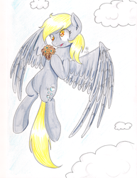 Size: 1024x1329 | Tagged: safe, artist:cartoonowl, derpy hooves, pegasus, pony, g4, female, flying, mare, muffin, solo, traditional art