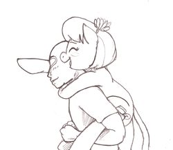 Size: 1006x873 | Tagged: safe, artist:i am nude, coco pommel, oc, oc:anon, earth pony, human, pony, g4, /mlp/, blushing, carrying, coco pommel riding anon, cute, hair ornament, happy, holding a pony, piggyback ride, ponies riding humans, riding, smiling, wholesome