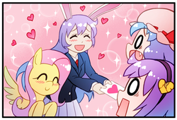 Size: 405x275 | Tagged: safe, artist:sweetsound, fluttershy, cropped, crossover, crossover shipping, female, komeiji satori, lesbian, reisen udongein inaba, remilia scarlet, shipping, touhou