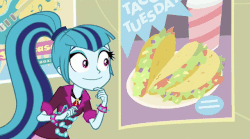 Size: 640x357 | Tagged: safe, screencap, sonata dusk, equestria girls, g4, my little pony equestria girls: rainbow rocks, animated, cute, eyes closed, female, guitar, musical instrument, poster, sonatabetes, sonataco, taco, taco tuesday, that girl sure loves tacos, that siren sure does love tacos