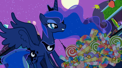 Size: 1366x768 | Tagged: safe, screencap, princess luna, alicorn, pony, g4, luna eclipsed, candy, female, food, mare, moon, nightmare night, smiling, solo, spread wings
