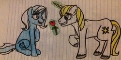 Size: 1280x642 | Tagged: safe, artist:pimpartist101, prince blueblood, trixie, pony, unicorn, g4, female, glowing horn, horn, lined paper, male, mare, rose, ship:bluetrix, shipping, straight, traditional art
