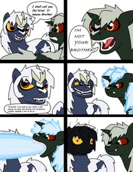 Size: 1024x1327 | Tagged: safe, artist:d-zany-gollumn, kaiju pony, pony, unicorn, fanfic:the bridge, brothers, colored sclera, comic, crooked horn, godzilla, godzilla (series), godzilla junior, godzilla x the kaiju killer, horn, male, ponified, read in beast wars megatron's voice, red sclera, simple background, spacegodzilla, stallion, tricorn, trollface, white background, xenilla, yellow sclera