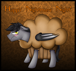 Size: 500x465 | Tagged: safe, artist:iraincloud, oc, oc only, oc:stud muffin, bat pony, pony, blushing, clothes, costume, embarrassed, floppy ears, food, food costume, frown, glare, looking at you, male, muffin, muffin costume, nightmare night, solo, stallion, unamused