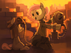 Size: 2500x1848 | Tagged: safe, artist:dimfann, nurse redheart, earth pony, pony, g4, dimfann's war universe, duo, female, filly, gas mask, lesson, looking at each other, mare, mask, open mouth, ruins, smiling, war