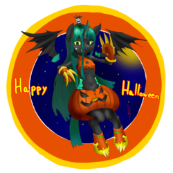 Size: 1300x1300 | Tagged: safe, queen chrysalis, pony, semi-anthro, g4, bipedal, clothes, costume, female, flying, halloween, pixiv, solo