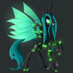 Size: 800x800 | Tagged: dead source, safe, artist:exceru-karina, queen chrysalis, changeling, changeling queen, g4, alternate design, female, glowing, raised hoof, simple background, solo
