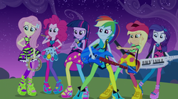 Size: 1904x1064 | Tagged: safe, screencap, applejack, fluttershy, pinkie pie, rainbow dash, rarity, twilight sparkle, equestria girls, g4, my little pony equestria girls: rainbow rocks, clothes, female, mane six, pantyhose, the rainbooms, twilight sparkle (alicorn)