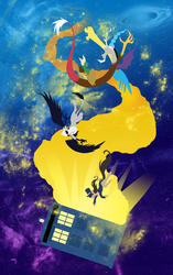 Size: 577x917 | Tagged: safe, discord, doctor whooves, natalya, octavia melody, time turner, griffon, g4, doctor who, tardis