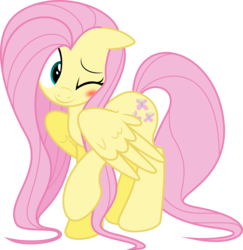Size: 6000x6183 | Tagged: safe, artist:schmuzart, fluttershy, pegasus, pony, g4, .svg available, absurd resolution, beautiful, blushing, cute, female, floppy ears, long mane, long tail, mare, one eye closed, raised hoof, shyabetes, simple background, smiling, solo, spread wings, transparent background, vector, weapons-grade cute, wings, wink