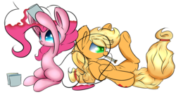 Size: 2100x1300 | Tagged: safe, artist:madacon, applejack, pinkie pie, earth pony, pony, g4, duo, duo female, female, mare, paint, paint as mane/tail/hair, paint in hair, paintbrush, pinkie being pinkie, pinkie physics, simple background, transparent background, transparent mane, underhoof