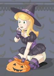 Size: 2480x3508 | Tagged: safe, artist:fawnyabdl, oc, oc only, oc:skydiver, human, breasts, candy, clothes, cute, diaper, eating, female, food, halloween, high res, humanized, humanized oc, non-baby in diaper, socks, solo, striped socks