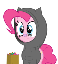 Size: 924x1016 | Tagged: dead source, safe, artist:flare-chaser, pinkie pie, cat, earth pony, pony, g4, bag, candy, cat ears, clothes, costume, cute, halloween, hoodie, pinkie cat, simple background, transparent background, trick or treat, whiskers