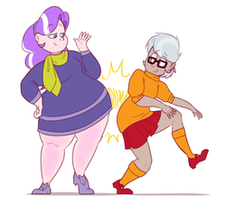 Size: 870x787 | Tagged: safe, artist:secretgoombaman12345, diamond tiara, silver spoon, human, ask chubby diamond, g4, butt bump, butt to butt, butt touch, chubby, clothes, costume, daphne blake, duo, fat, female, humanized, larger female, physique difference, scooby-doo!, smaller female, thin, velma dinkley