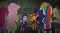 Size: 1280x714 | Tagged: safe, screencap, applejack, fluttershy, pinkie pie, rainbow dash, rarity, sunset shimmer, twilight sparkle, human, equestria girls, g4, my little pony equestria girls: rainbow rocks, female, humane five, humane seven, humane six, lidded eyes, out of context, pointing, twilight sparkle (alicorn)