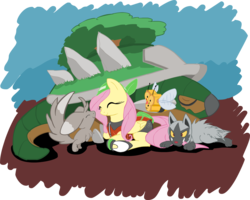 Size: 1787x1428 | Tagged: safe, artist:zev, fluttershy, combee, minccino, poochyena, torterra, g4, crossover, pokémon