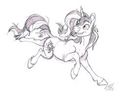 Size: 1049x838 | Tagged: safe, artist:carnivorouscaribou, sunset shimmer, pony, unicorn, g4, female, grayscale, monochrome, smiling, solo, traditional art