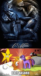 Size: 1494x2737 | Tagged: safe, alien, g4, alien (franchise), aliens vs. predator, care bears, crossover, exploitable meme, make it happen, meme, predator (franchise)