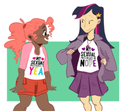 Size: 1280x1113 | Tagged: dead source, safe, artist:pizzakladd, pinkie pie, twilight sparkle, human, g4, asexual, asexual pride flag, dark skin, duo, headcanon, humanized, lgbt, lgbt headcanon, pansexual, pansexual pride flag, pride, sexuality, sexuality headcanon, simple background