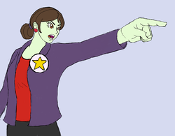 Size: 1122x875 | Tagged: safe, artist:kurobisu, sophisticata, equestria girls, g4, ace attorney, background human, female, man hands, parody, phoenix wright, pointing, solo, sophie sophisticata