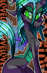 Size: 545x843 | Tagged: dead source, safe, artist:kaliptro, queen chrysalis, changeling, changeling queen, semi-anthro, g4, female, solo