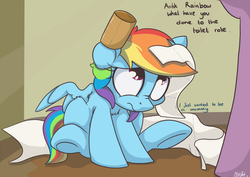 Size: 900x636 | Tagged: dead source, safe, artist:mistydash, rainbow dash, pegasus, pony, g4, behaving like a cat, chest fluff, cute, dashabetes, dialogue, female, filly, grammar error, looking up, mummy, nose wrinkle, sitting, toilet paper, underhoof