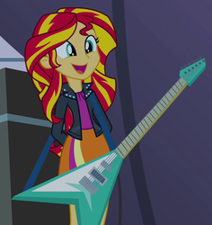 Size: 663x701 | Tagged: safe, screencap, sunset shimmer, equestria girls, g4, my little pony equestria girls: rainbow rocks, cute, electric guitar, female, guitar, hands behind back, musical instrument, shimmerbetes, smiling, solo, sunset shredder, when she smiles