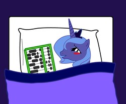 Size: 722x597 | Tagged: safe, princess luna, pony, g4, abacus, aftersex, artifact, bed, blushing, cargo ship, female, implied masturbation, lunabacus, pillow, s1 luna, solo, wat