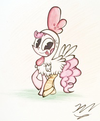 Size: 2004x2425 | Tagged: safe, artist:pelate, pinkie pie, g4, animal costume, chicken pie, chicken suit, clothes, costume, female, high res, solo, tongue out, traditional art
