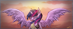 Size: 1969x787 | Tagged: safe, artist:zortail, twilight sparkle, anthro, g4, eyes closed, female, flying, solo, speedpaint, spread wings, sunset, twilight sparkle (alicorn)