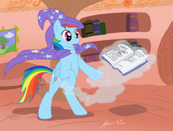 Size: 880x664 | Tagged: artist needed, source needed, safe, rainbow dash, g4, accessory swap, book, female, magic, solo, the great and powerful, trixie's cape, trixie's hat