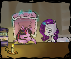 Size: 900x750 | Tagged: safe, artist:puffpink, rarity, twilight sparkle, alicorn, pony, g4, book, candle, female, mare, sleeping, twilight sparkle (alicorn)