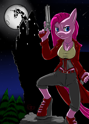 Size: 3129x4340 | Tagged: safe, artist:fiercewendigo, pinkie pie, earth pony, anthro, g4, badass, castle, clothes, crossover, devil may cry, dual wield, female, full moon, gun, high res, knife, mare in the moon, moon, night, pinkamena diane pie, revolver, solo, trigger discipline, van helsing, weapon