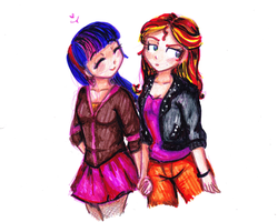 Size: 2000x1600 | Tagged: safe, artist:cosmicponye, sunset shimmer, twilight sparkle, equestria girls, g4, female, heart, holding hands, humanized, lesbian, ship:sunsetsparkle, shipping, traditional art