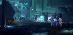 Size: 4535x2150 | Tagged: safe, artist:tivy, fluttershy, rarity, twilight sparkle, alicorn, pony, g4, female, high res, hollow shades, mare, night, nightmare night, scenery, twilight sparkle (alicorn)