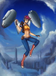 Size: 1192x1600 | Tagged: safe, artist:asimos, scootaloo, human, g4, belly button, clothes, converse, dieselpunk, female, fingerless gloves, flying, gloves, headset, humanized, jetpack, midriff, older, scootaloo can fly, solo