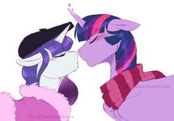 Size: 831x583 | Tagged: safe, artist:the-chibster, rarity, twilight sparkle, alicorn, pony, g4, beret, blushing, clothes, female, height difference, lesbian, magic, mare, scarf, ship:rarilight, shipping, twilight sparkle (alicorn), winter, winter outfit