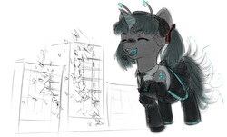 Size: 1144x692 | Tagged: safe, artist:alloyrabbit, oc, oc only, oc:orchid, kaiju, kaiju pony, pony, city, clothes, crossover, destruction, eyes closed, giant pony, hatsune miku, headset, macro, necktie, open mouth, singing, sketch, smiling, solo, vocaloid