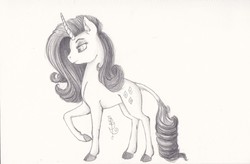 Size: 2536x1660 | Tagged: safe, artist:eveningbloom, rarity, classical unicorn, g4, female, horn, leonine tail, monochrome, solo, traditional art