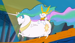 Size: 1400x806 | Tagged: safe, artist:php27, angel bunny, princess celestia, horse, g4, chubbylestia, crossdressing, crossover, fat, looney tunes, obese, parody, what's opera doc