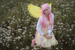 Size: 4898x3265 | Tagged: safe, artist:sewingintherain, angel bunny, fluttershy, human, g4, clothes, cosplay, costume, dress, irl, irl human, photo, solo