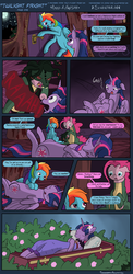 Size: 2496x5100 | Tagged: safe, artist:seventozen, pinkie pie, rainbow dash, twilight sparkle, alicorn, pony, comic:twilight fright, g4, casket, comic, dark comedy, eyes closed, female, floppy ears, funeral, gilligan cut, heart attack, implied death, mare, monty python, on back, oops, open mouth, playing dead, prank, prank fail, prank gone wrong, scared, smiling, spanish inquisition, twilight sparkle (alicorn), underhoof, wide eyes
