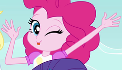 Size: 829x477 | Tagged: safe, screencap, pinkie pie, equestria girls, g4, freshman fair, outfit catalog, tongue out, younger