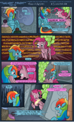 Size: 2490x4100 | Tagged: safe, artist:seventozen, pinkie pie, rainbow dash, comic:twilight fright, g4, balloon, bathroom, comic, fire, implied pissing, stake, toilet, wall of text