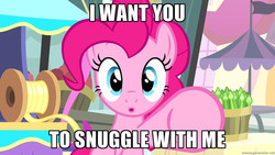 Size: 1280x720 | Tagged: safe, edit, edited screencap, screencap, pinkie pie, g4, :o, bronybait, female, fourth wall, image macro, imma snuggle you, looking at you, meme, pointing, snuggling, solo