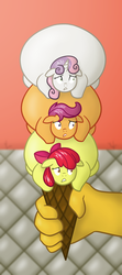 Size: 1000x2250 | Tagged: safe, artist:bigponiesinc, apple bloom, discord, scootaloo, sweetie belle, draconequus, earth pony, pegasus, pony, unicorn, g4, apple blob, big belly, chaos, cutie lard crusaders, cutie mark crusaders, diner, discord being discord, fat, ice cream, ice cream cone, ice creasaders, imminent vore, immobile, implied vore, morbidly obese, obese, scootalard, stretch mark crusaders, sweetie belly, this will end in vore