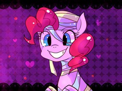 Size: 1600x1200 | Tagged: safe, artist:hosikawa, pinkie pie, earth pony, pony, g4, abstract background, bust, clothes, costume, female, grin, mummy, nightmare night, pixiv, smiling, solo